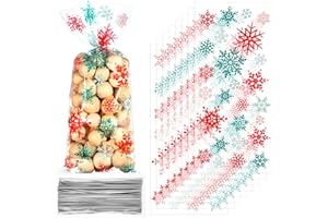 Clabby 100 Pcs Christmas Cellophane Treat Bags Red Green Snowflake Cello Plastic Candy Goodie Bags with Twist Ties for Winter Holiday Xmas Party Favor Supplies(Red and Green)