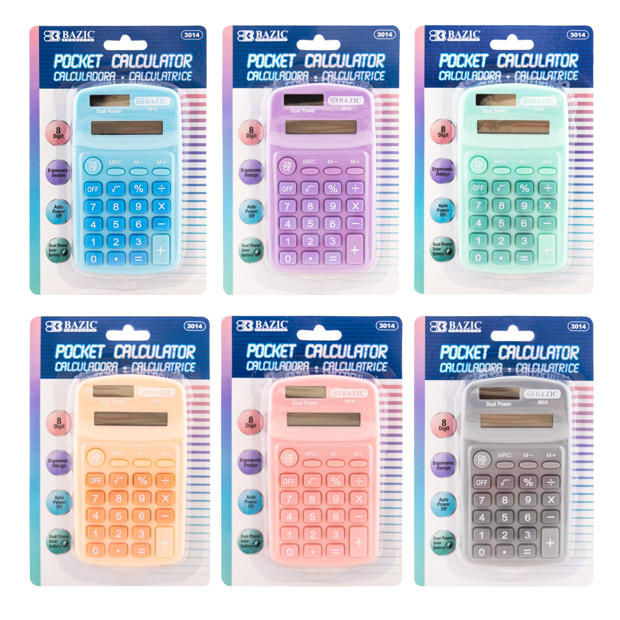 Photo 1 of BAZIC 8 Digit Pocket Size Calculator, Dual Power Solar & Battery, LCD Display, Small Basic Standard Function Calculators, 1 Unit Color May Vary
