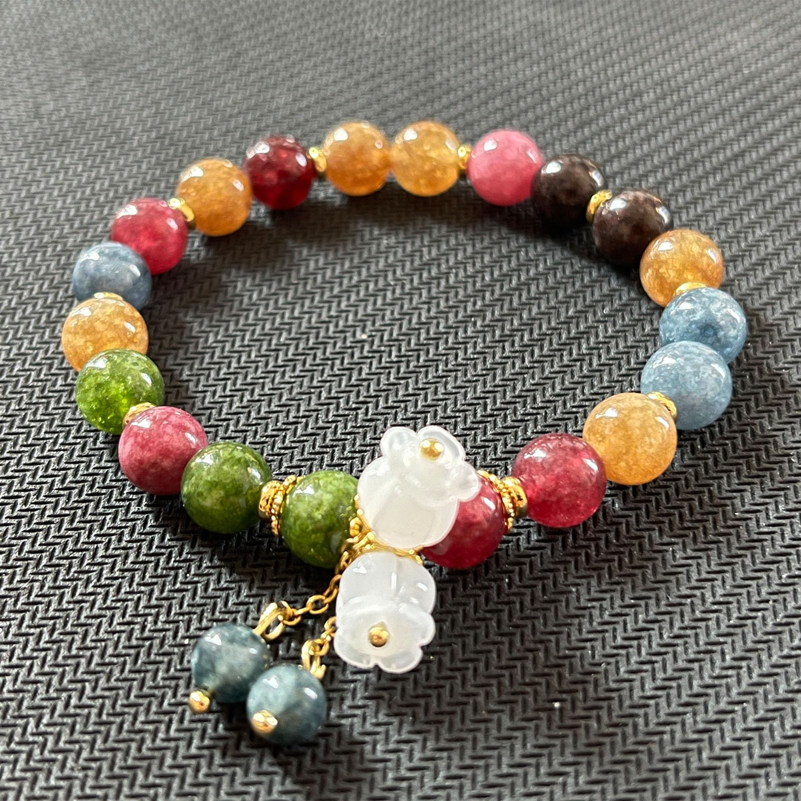 Pendant Charm Bracelet, Hand Carved Lily of the Valley Flower chain Bracelet, Natural Colored Crystal Beaded Flower Charm Bracelet, Good Luck Jade Bead Bracelet for Women