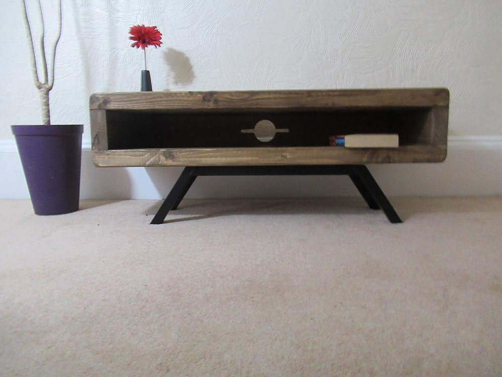 Tv stand enclosed back with cable tidy and splayed leg retro style base