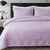Whale Flotilla Soft Twin Size Quilt Set for All Seasons, 2-Piece Ultrasonic Geometric Quilts Bedding Set, Lightweight Reversible Bedspread, Coverlet, Bed Cover with Pillow Sham, Light Purple