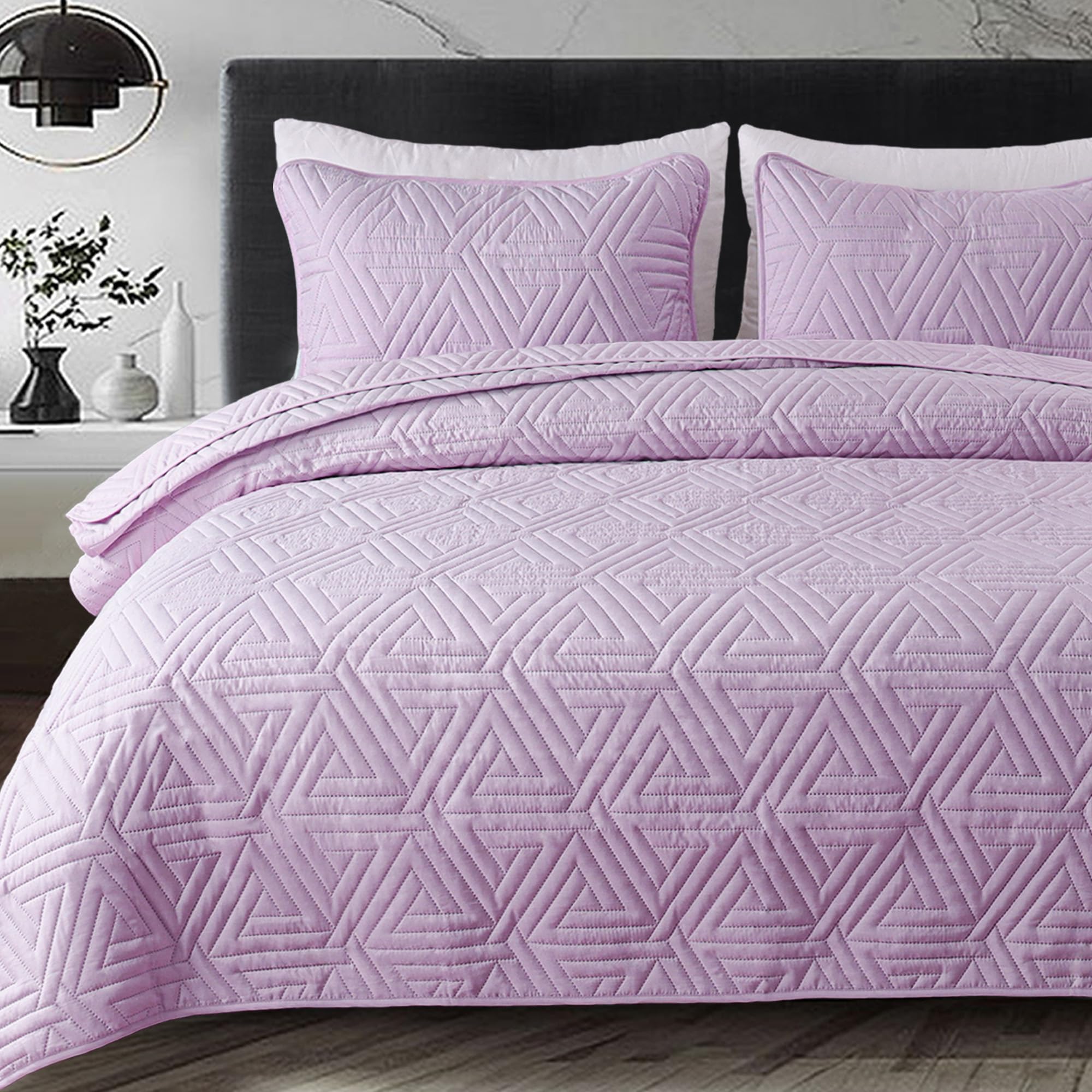 Photo 1 of Whale Flotilla Soft Queen Size Quilt Set for All Seasons, 3-Piece Ultrasonic Geometric Quilts Bedding Set, Lightweight Reversible Bedspread, Coverlet, Bed Cover with 2 Pillow Shams, Light Purple