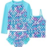 swimsobo Girls 3-Piece Swimsuit Size 3-10Y Bahting Suit Long Sleeve Rash Guard Tankini Sets UPF Sun Protection