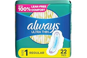 Always Ultra Thin Feminine Pads with Wings for Women, Size 1, Regular Absorbency, Unscented, Up to 100% Leak-Free Protection,
