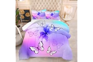 Tailor Shop Purple Butterfly Kids Full Size Comforter Sets Pink Butterfly Bedding Set for Girls Teens Tie Dye Butterflies Comforter Set Room Decor Set with 1 Comforter and 2 Pillowcase…
