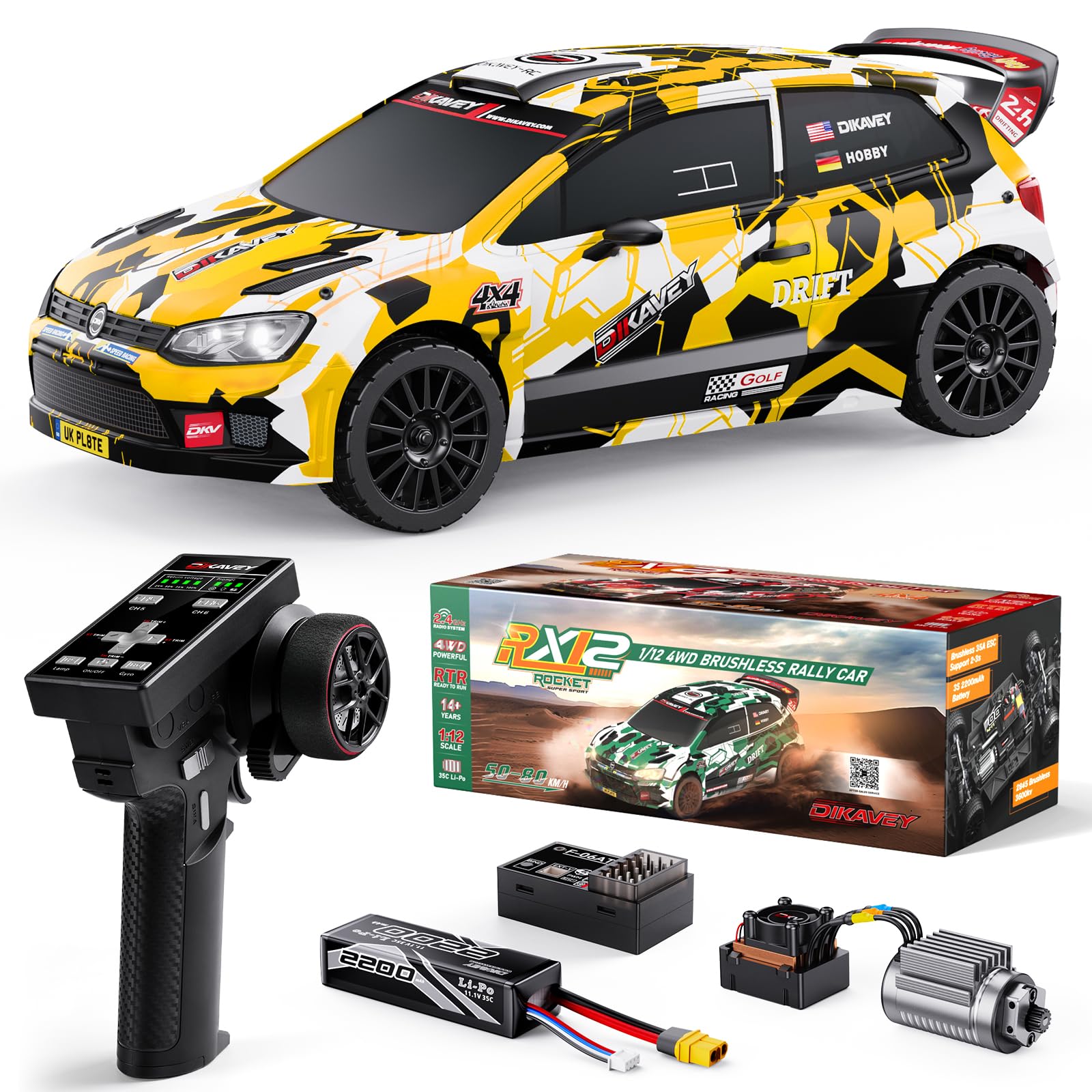 DIKAVEY 1:12 RC Rally Car Fast 45 MPH, Drift Car with Gyro 4X4, Brushless Fast RC Cars, 1/12 Remote Control Cars for Adults 4WD, for Racetrack & Mud Compatible with 3S Battery - Yellow