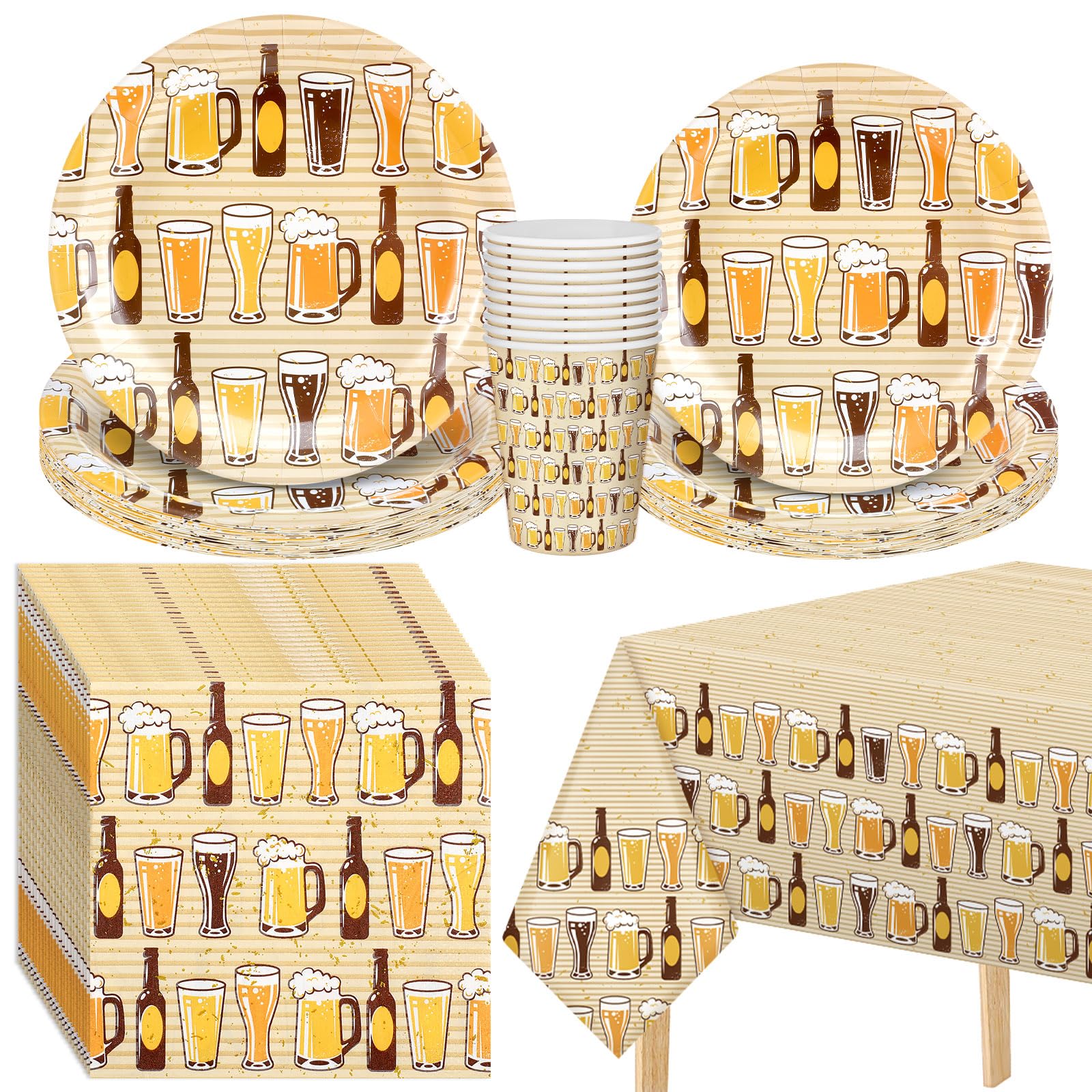 Photo 1 of Zhehao Cheers & Beer Party Supplies Include 24 Big Paper Plates Small Plates Cups Knife Fork Spoon Napkins and Print Tablecover for Summer Party Cheers & Beers Festival Birthday Bar Supplies