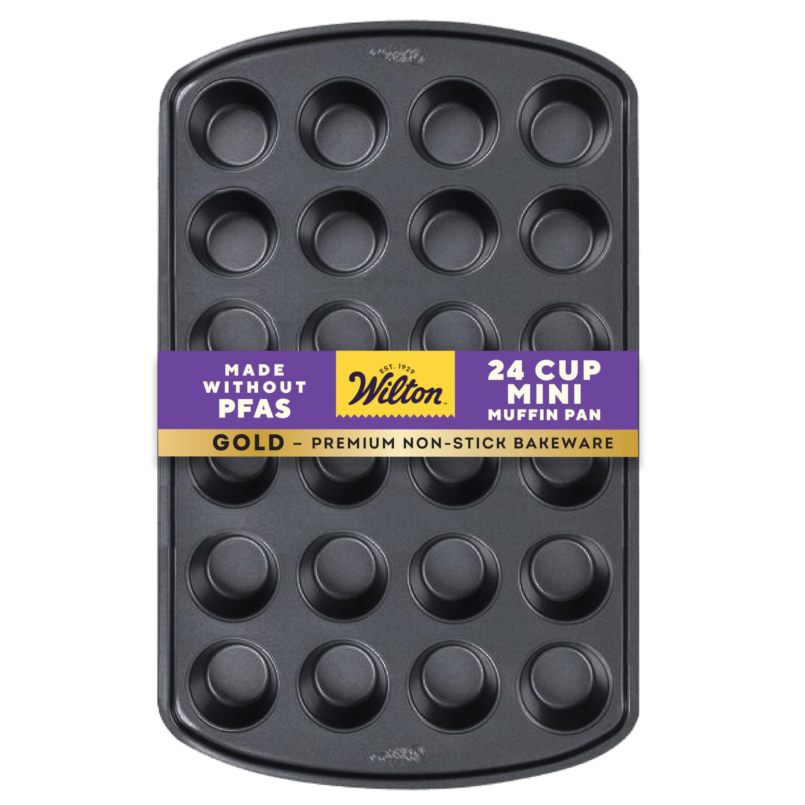 Photo 1 of **PAN IS BENT ON ONE SIDE**Wilton Gold Non-Stick 24-cup Muffin Pan, Stainless Steel Bakeware, Made without PFAs, 16 x 10 x 1 in., Packaging may Vary
