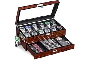 BEWISHOME High-End Watch Case, 12-Slot Watch Box with Valet Drawer, 2-Layer Wooden Watch Display Case for Jewelry, Watch Organizer Watch Storage Holder for Men Women Brown SSH02Y