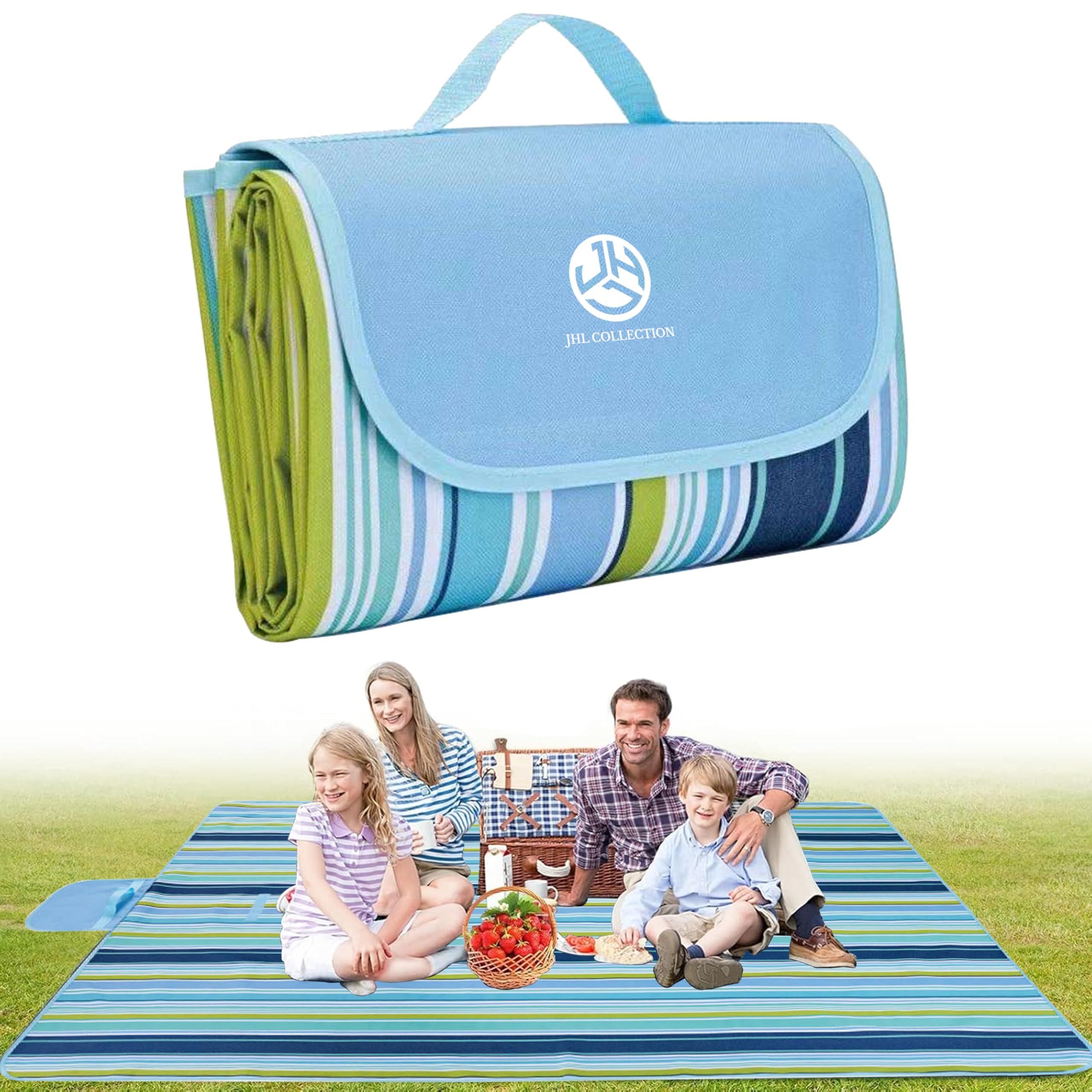 JHL COLLECTION Picnic Blanket Waterproof - 200×195cm Extra Large Outdoor Beach Blankets with Carrying Handle - Sandproof Washable and Foldable Beach Mat for Garden, Camping, Hiking, Travel (Sky Blue)