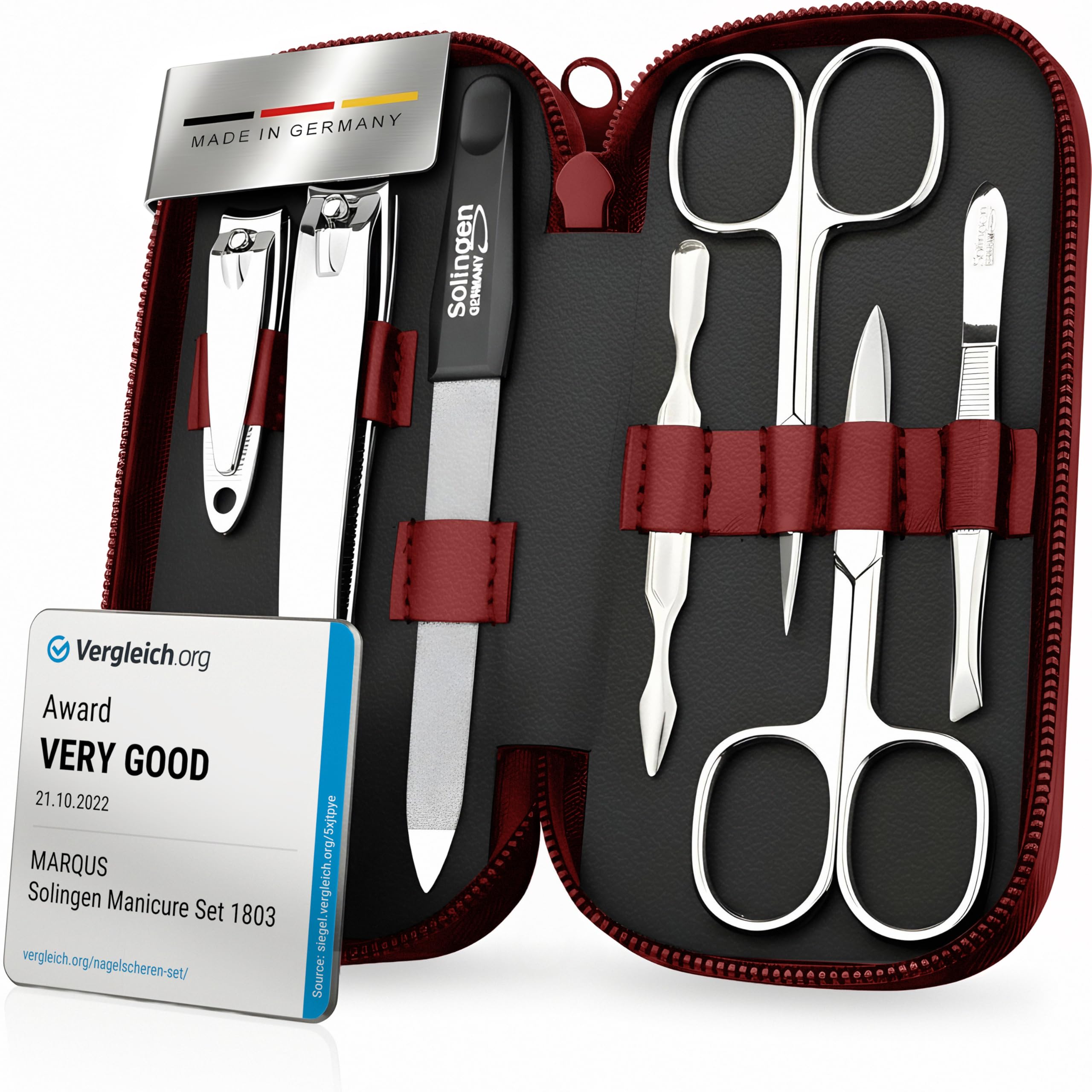 Solingen Manicure Set for Women & Men - Comparison Winner with Top Price/Performance Ratio - Handy and Soft Case - 7-Piece Grooming Kit, Red