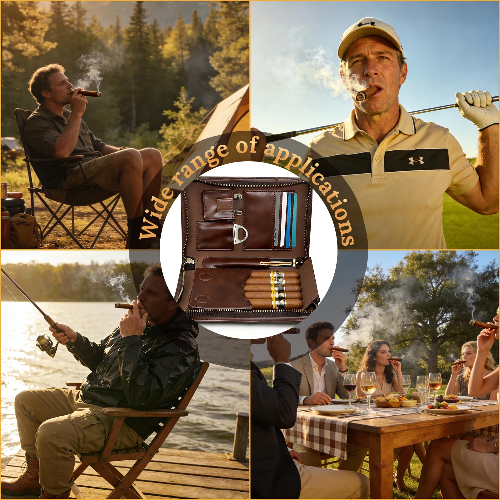 Travel Cigar Humidor, Handmade Crazy Horse Leather Cigar Case for Men, Portable Cigar Box Holds 5 Cigars with Phone & Lighter Pockets, Ideal Gift for Cigar Lovers - Brown