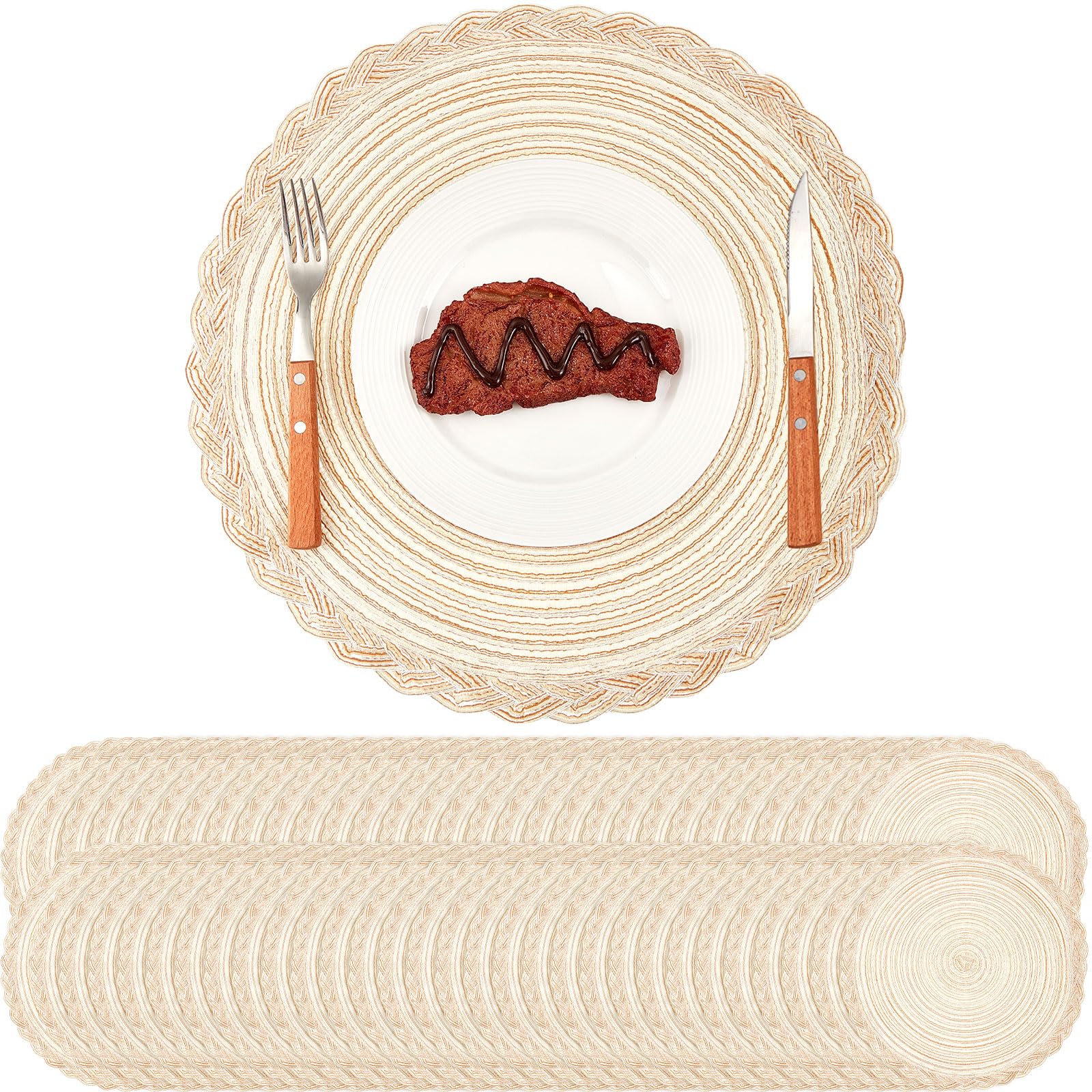 Photo 1 of Tioncy Set of 60 Large 15 inch Round Braided Placemats Boho placemats Bulk Washable Fabric Cotton Heat Resistant Round Kitchen Table Mats Circle Nonslip Table Mats (Beige)