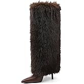 Kalstage Women Fur Knee High Boots Heels Wide Calf Fold Over Tall Boots for Party Evening Fashion Shows