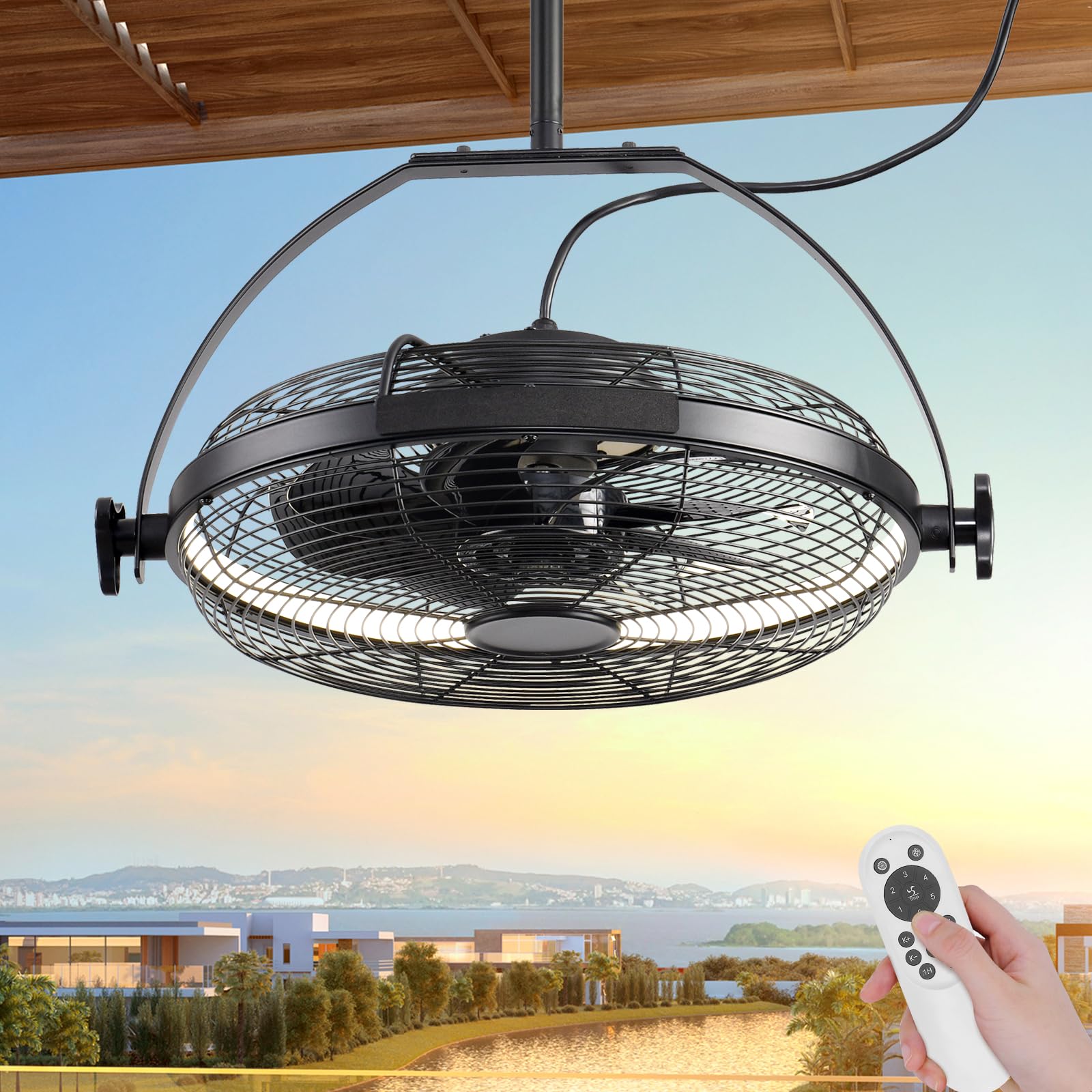Photo 1 of AHAWILL Gazebo Fans Outdoor Hanging Ceiling Fans with Lights,16" Portable Plug in Ceiling Fan,Multi-Angle Adjustable Floor Fans,Black Outdoor Ceiling Fans for Patios.