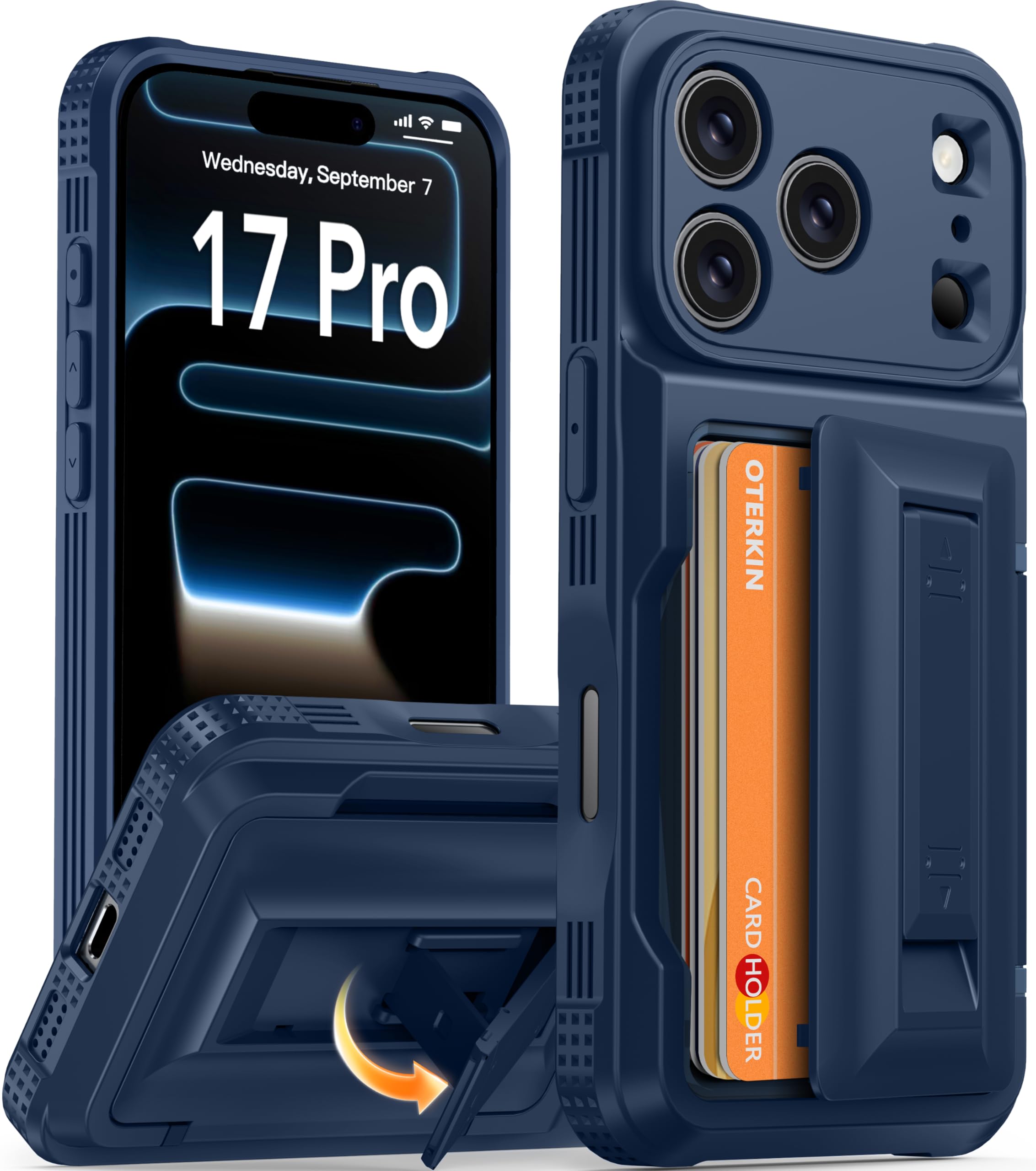 Photo 1 of Oterkin for iPhone 17 Pro Wallet Case [4-5 Card Holder] [Kickstand] [RFID Blocking] [Full Camera Protection] [Military Grade Protection] Shockproof Rugged Phone Case for iPhone 17 Pro, Dark Blue