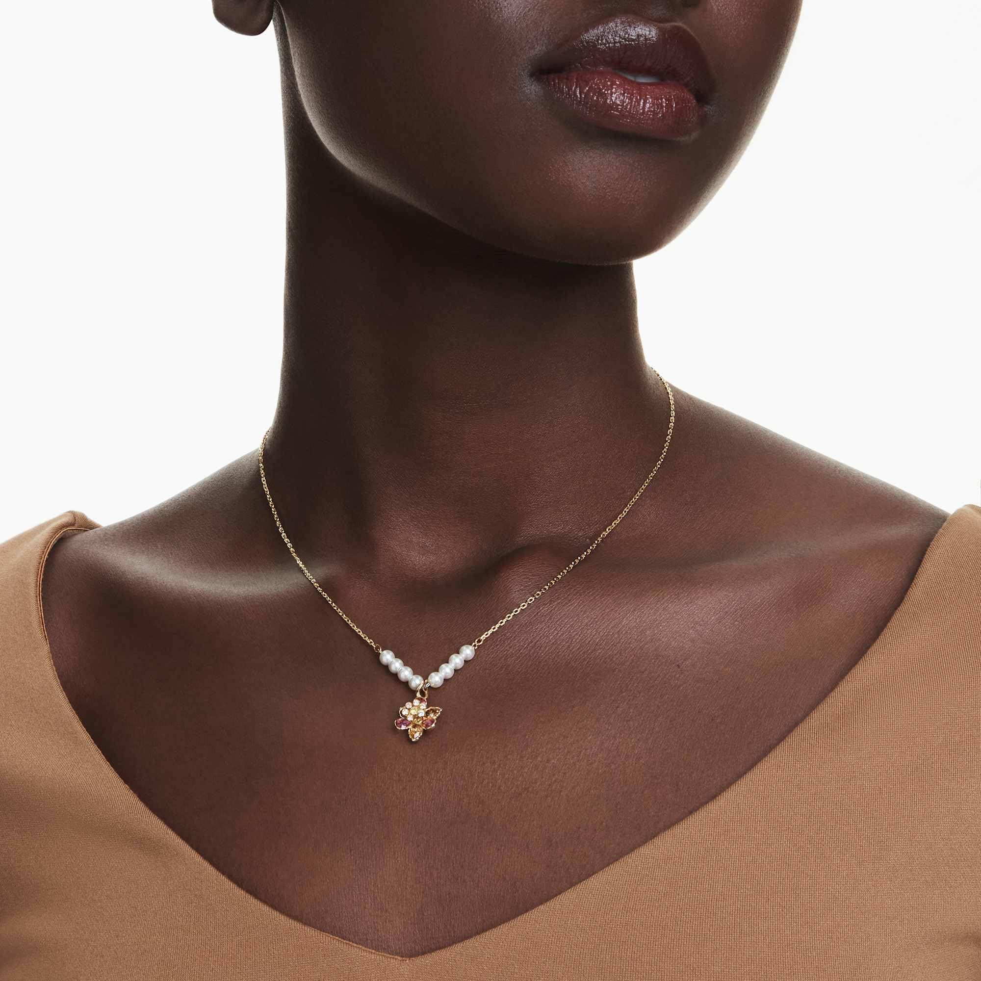 Swarovski Idyllia Pendant Necklace, Flower Motif with Multicoloured Mixed-Cut Crystals and Crystal Pearls in a Gold-Tone Finished Setting, Part of the Idyllia Collection