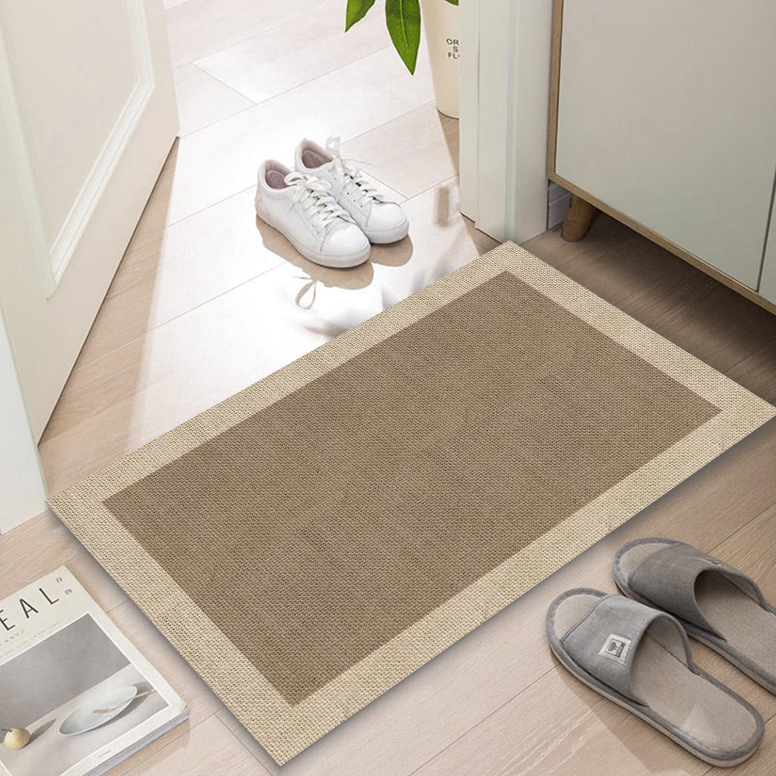 Photo 1 of LYGLIGH Ultra Thin Door Mat Indoor Entrance, 1/10 in Thin Door Mats for Inside Entry, Non-Slip Rubber Backing Washable Doormat, Fade Resistant, Absorbent, Low Profile Dirt Trapper, 30"X17",Brown