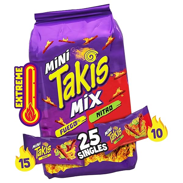 TAKIS MINI 25 PC / 1.23 OZ BITE SIZE VARIETY PACK, ASSORTED FLAVORED MIXED ROLLED TORTILLA CHIPS – (15) FUEGO MINI 1.23 OZ, (10) NITRO MINI 1.23 OZ