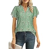 Uhiger Women Tops Dressy Casual Short Sleeve Blouses Petal Ruffle Shirts V Neck Chiffon Work Business Tunic Double Layer