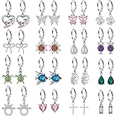 16 Pairs Hypoallergenic Silver Small Hoop Dangle Earrings Set for Girls Women Cute Heart Cat Butterfly Pearl Bow Huggie Hoop Dangle Earrings for Little Girls Kids Jewelry Gift