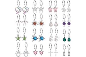 JANNISA 16 Pairs Hypoallergenic Silver Small Hoop Dangle Earrings Set for Girls Women Cute Heart Cat Butterfly Pearl Bow Huggie Hoop Dangle Earrings for Little Girls Kids Jewelry Gift