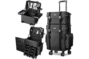 BYOOTIQUE 2in1 Soft Sided Rolling Makeup Train Case Trolley Freelance Makeup Artist Cosmetic Organize Storage Travel Case with Wheels Classic Black