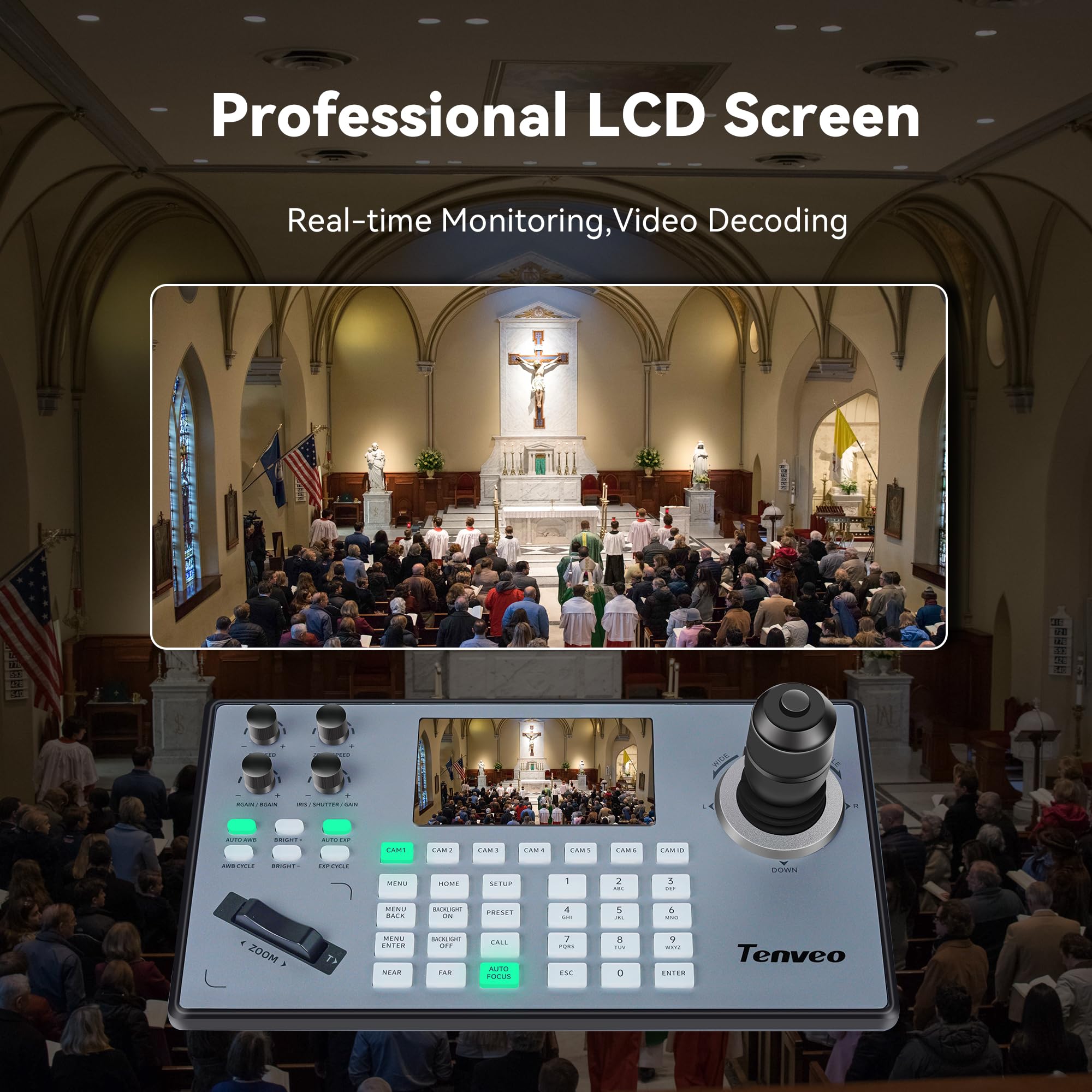 Tenveo NDI PTZ Camera Joystick Controller, 5'' LCD Screen Real-time Preview 4D Joystick Control Keyboard Support NDI PoE VISCA Pelco-D/P RS422/RS485 RS232 RJ45 For Church Live/Events/Live Streaming