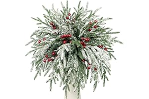 Kesywale Set of 40 Artificial Norfolk Pine Branches with Red Berry 12.8" Christmas Greenery Picks Fake Norfolk Pine Stems Tree Needle Sprigs for Vase Filler DIY Craft Garland Home Decorations (Frost)