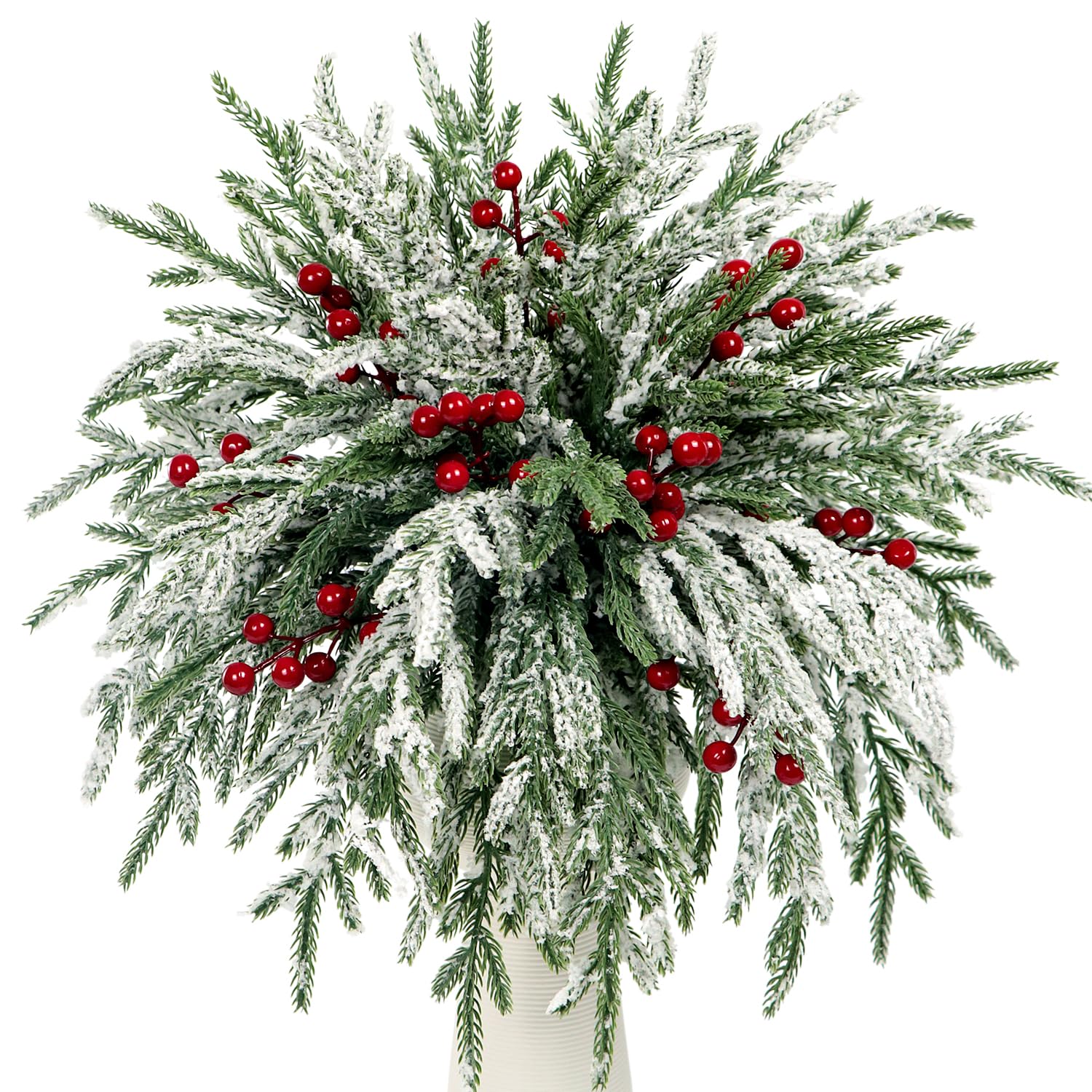 20 Pcs Artificial Snowy Norfolk Pine Branches with 10 Berry Stems,15" Real Touch Fake Norfolk Pine Stems Frosted Greenery Foliage Sprigs for Christmas Wreath DIY Vase Filler Home Decoration (Red)