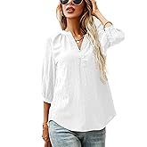 LOMON Women's Casual 3/4 Sleeve Henley V-Neck Button Up Pleated Back Blouses Swiss Dot Blouse Tops T-Shirts S-XXL
