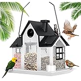 Solar Bird Feeders House for Outside Hanging, Metal Wild Bird Feeder for Outdoors Large Capacity Cardinal Birdfeeder Birdhouses Metal Bird Feeding Station White