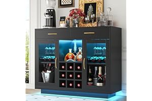 knoworld Wine Bar Cabinet with LED Lights, Coffee Bar Cabinet with Wine and Glass Rack, Black Bar Cabinet Liquor Cabinet, Kitchen Buffet Sideboard with Storage for Living Room, Dining Room