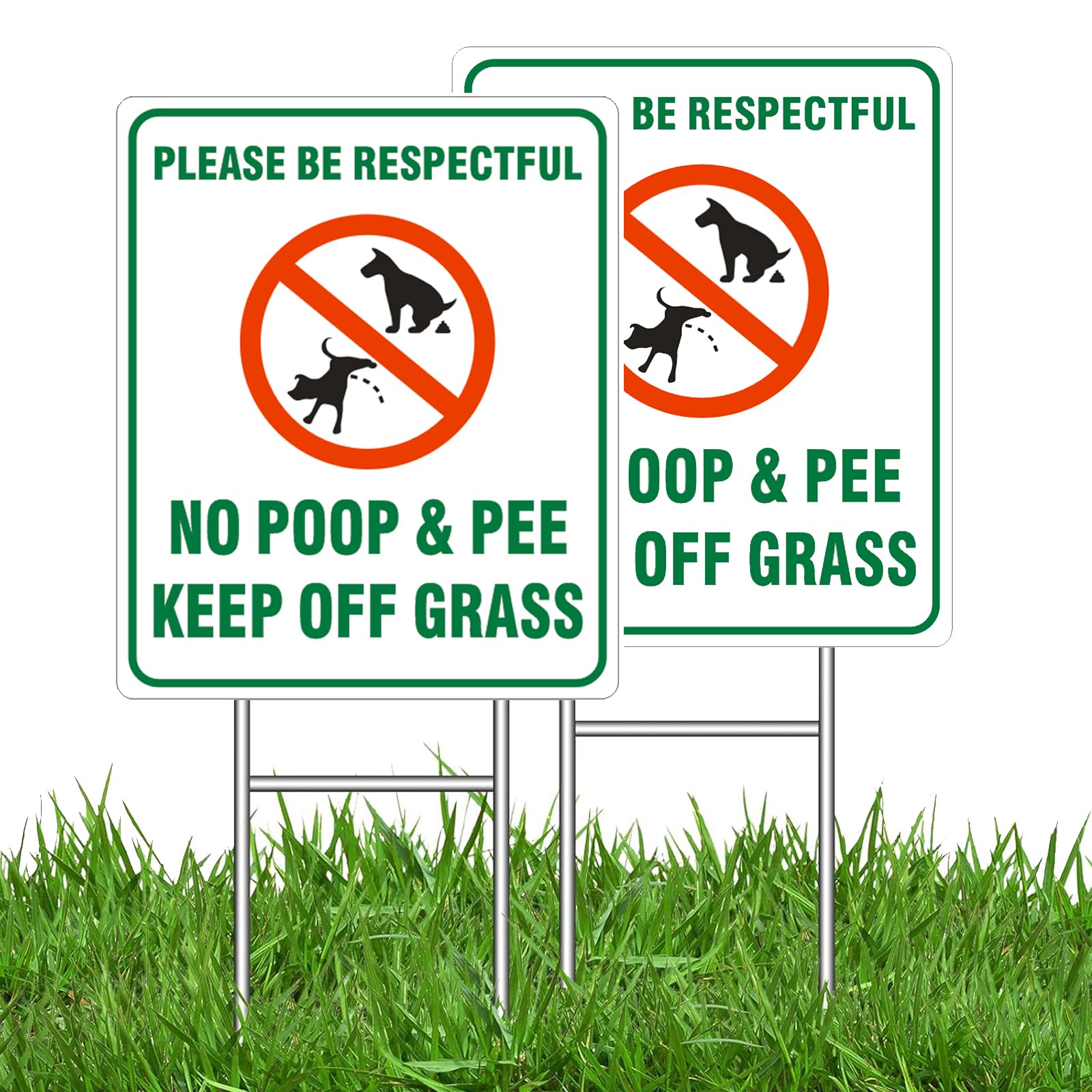 Photo 1 of 2PC No Dog Poop Signs for Yard, 10" x 12" No Pooping and Peeing Dog Signs With Metal Wire H-Stakes, Double Sided Please Be Respectful Keep Off The Grass Yard Signs, UV Protected & Outdoor Use