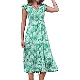 Allegra K Ruffle Sleeve V Neck Dress for Women Short Sleeve Printed Casual Tiered Beach Vacation Midi Dresses