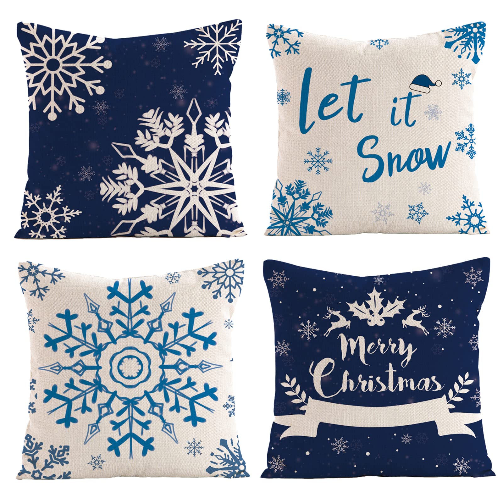 OCEUMACO Linen Cushion Covers 45 x 45 cm Decorations Set of 4 Merry Christmas Throw Pillow Cases 18x18 Inches Decorative Xmas Deer Snowflake Cushion Cover Pack Sofa Home Decor - Navy Blue