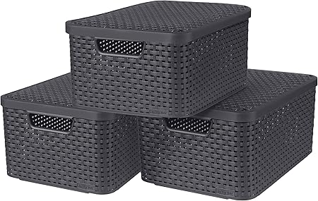 Curver Style Set de 3 Cestas con Tapa, Tamaño M, 18 L, Color Antracita: Amazon.es: Jardín