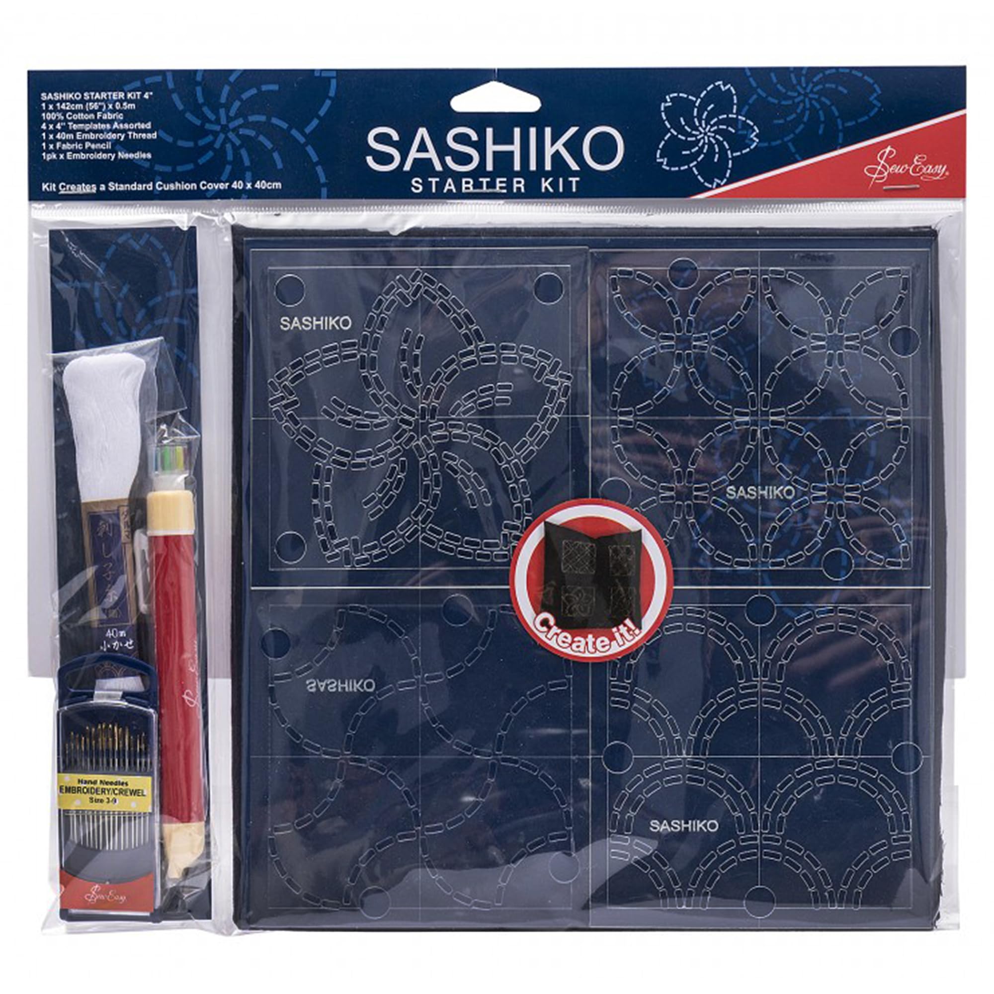 Sew Easy Sashiko Kit – 40 x 40cm Cushion Cover Kit, Complete Set with Thread Fabric Templates Pencil Needles Instructions