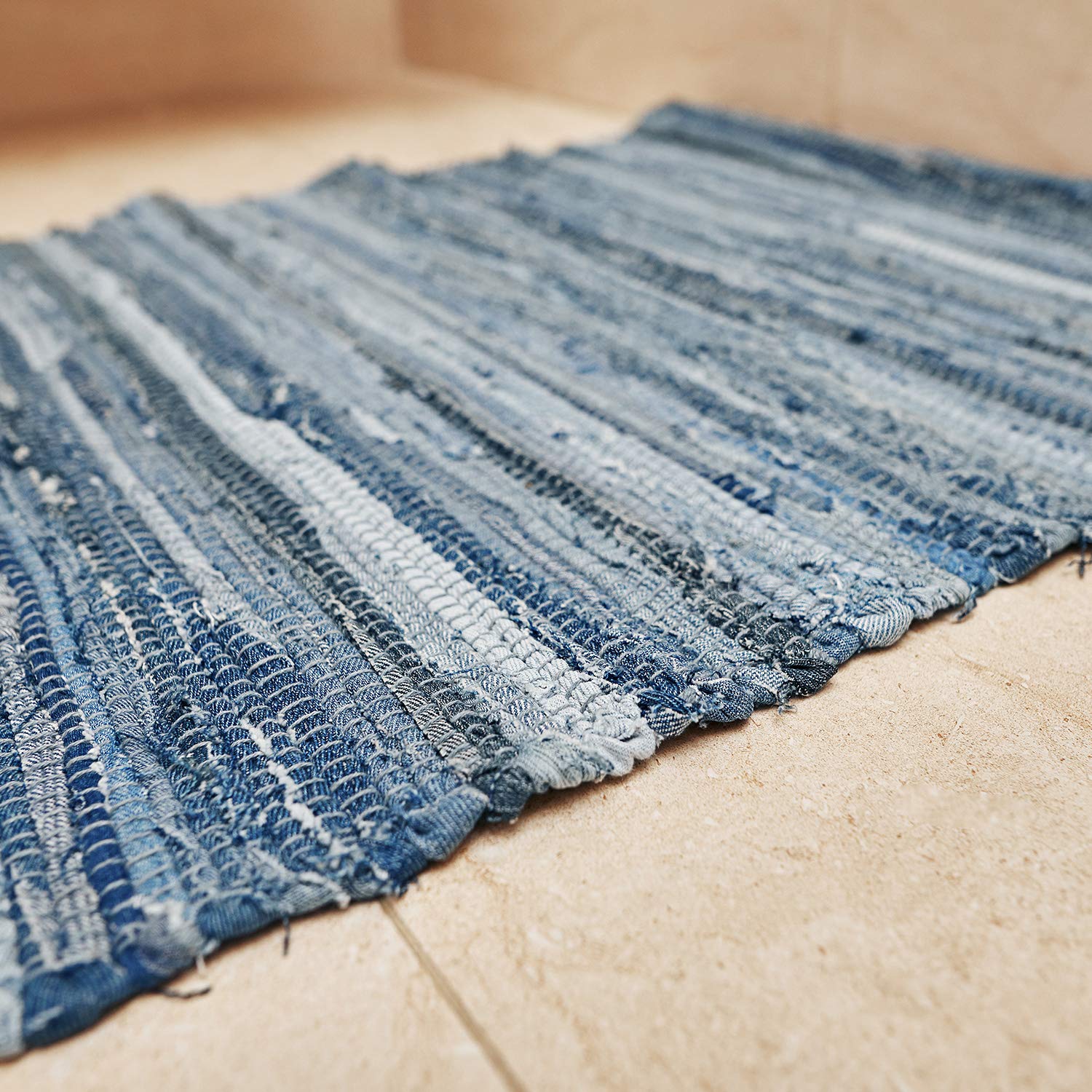 MOTINI Hand Woven Denim Reversible Laundry Room Kitchen Rag Rug Washable Recycled Thick Cotton Contemporary Blue Striped Floor Entryway Throw Rug for Bathroom,2\'×3\'
