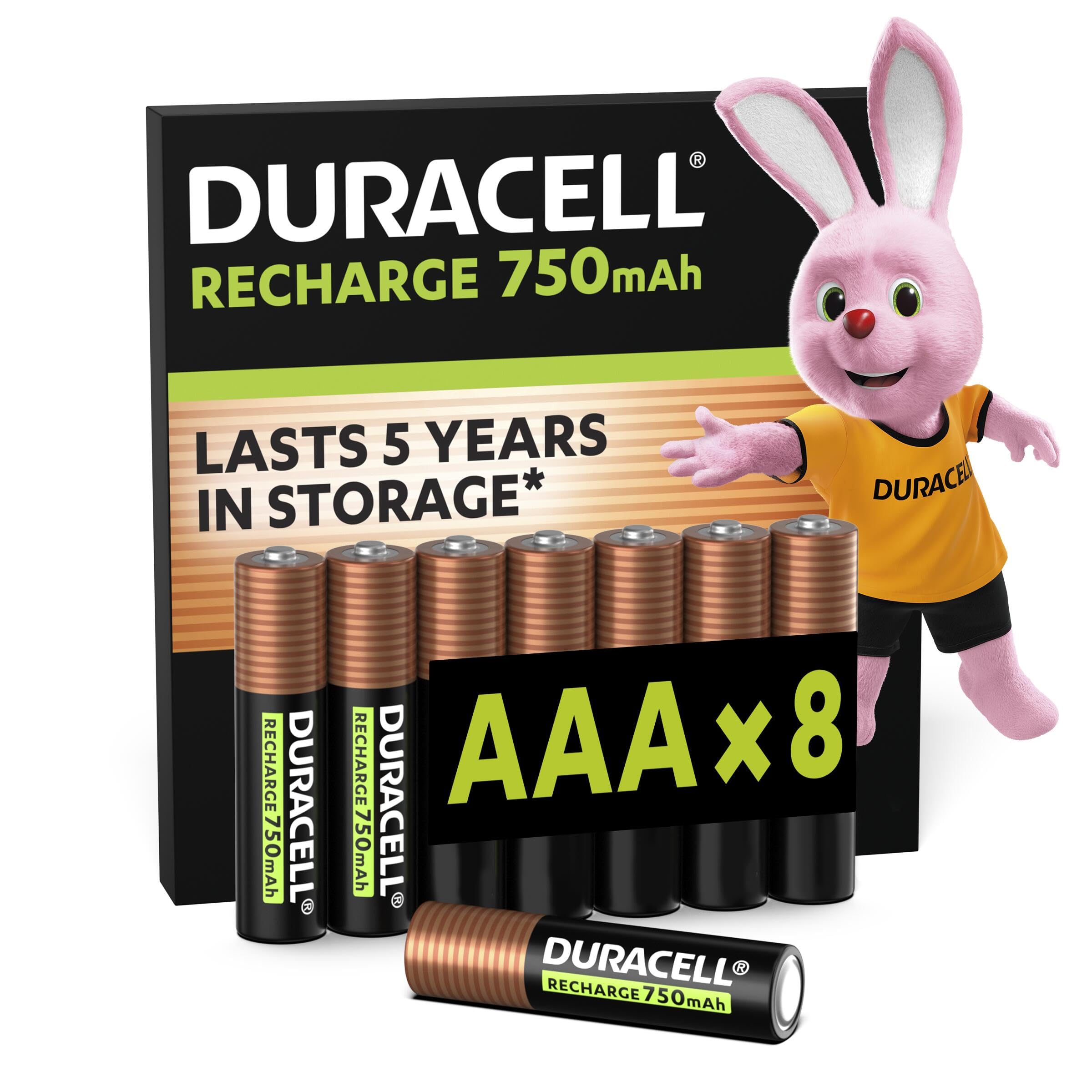 Duracell AAA Rechargeable Batteries (Pack of 8), 750 mAh NiMH, 1000 cycles, pre-charged, Long Lasting Power with a 0% plastic 100% recyclable packaging