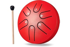 PUJONI Mini Steel Tongue Drum Small: 3 Inch 6 Notes Metal Hand Drums Musical Instruments, Music Gifts for Family Friends (Red)
