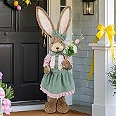 DR.DUDU Easter Bunny Decor, 2.7 FT Large Sisal Rabbit Outdoor Decorations with Flowers for Porch, Tall Standing Easter Bunnies Statue Topiary for Home Indoor Farmhouse Spring Decor