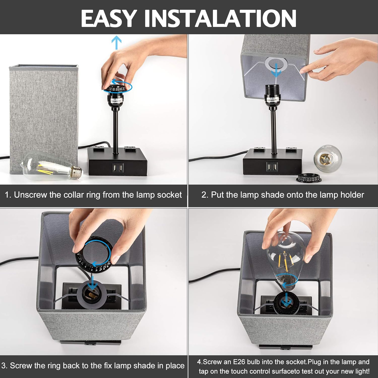 UL Approval Touch Control Table Lamp with USB and AC Outlet, SUPERDANNY 3-Way Dimmable Bedside Nightstand Lamp Modern Light, Desk Reading Lamp for Bedroom, Living Room, Gray, Set of 2…: Home Improvement