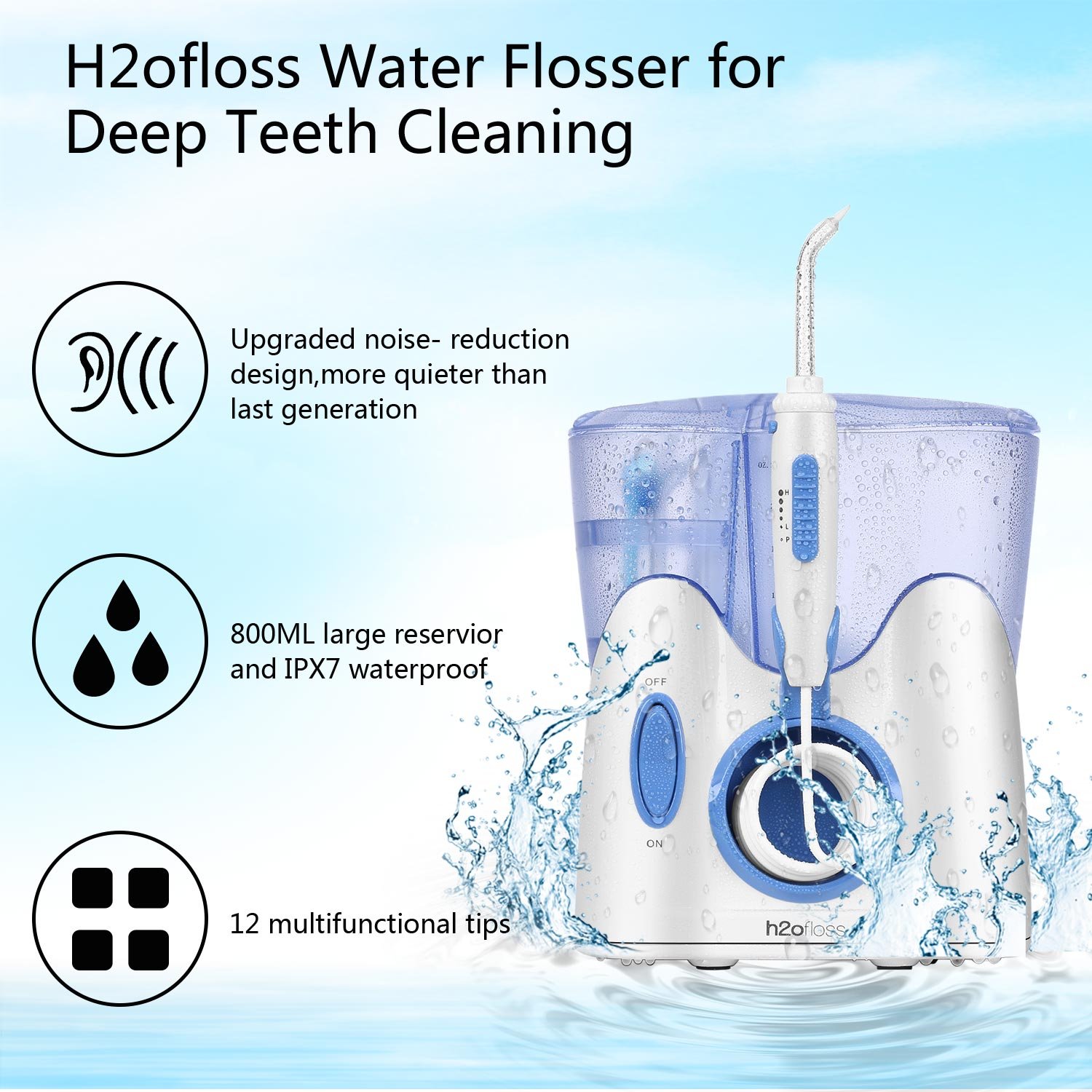 H2ofloss Dental Water Flosser for Teeth Cleaning With 12 Multifunctional Tips & 800ml Capacity, Professional Countertop Oral Irrigator Quiet Design(HF-9 whisper): Beauty
