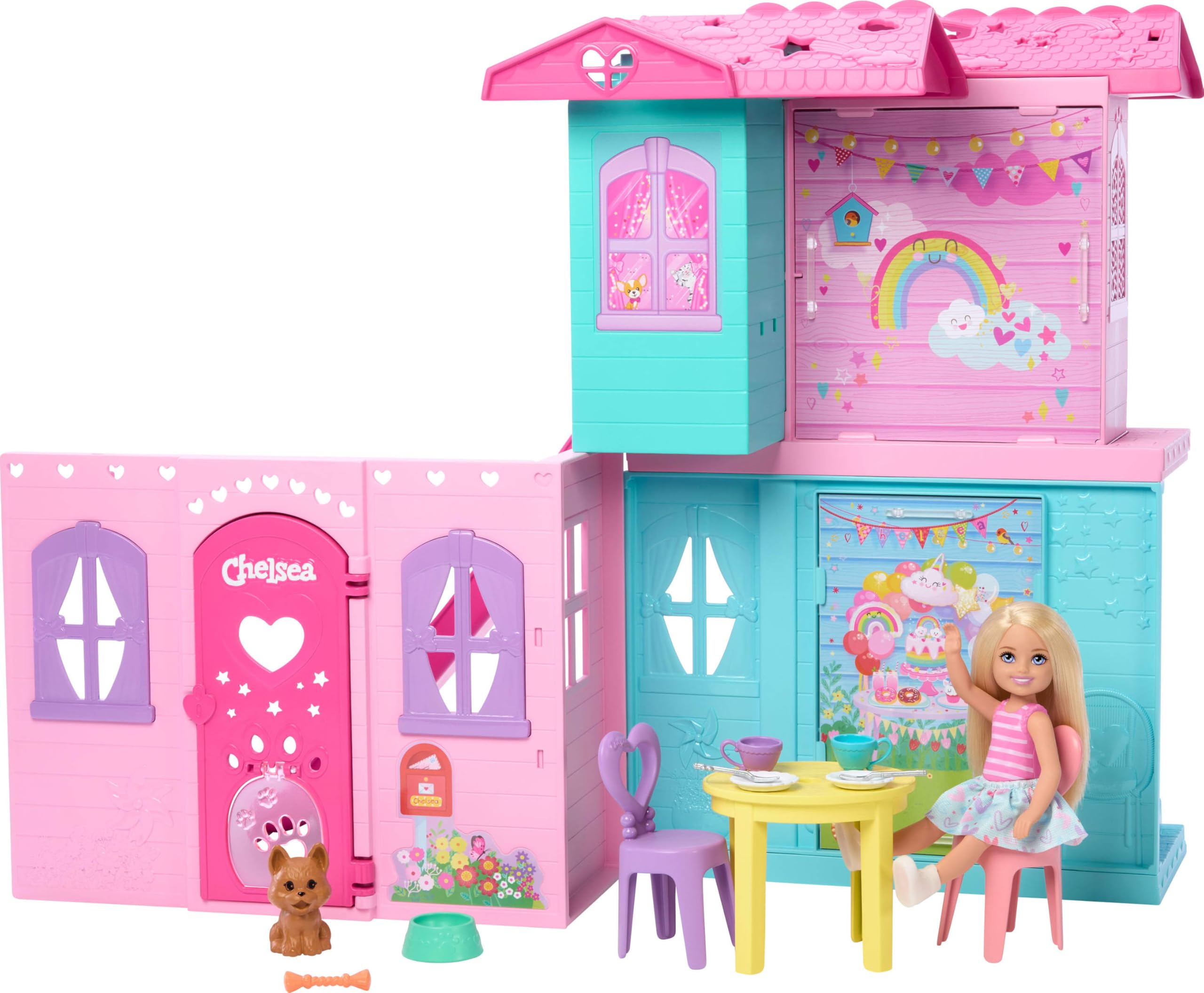 Barbie Chelsea Toy Dollhouse with 15+ Accessories, Pop-Up House Expands to 17+ x 13+ inches with 5 Play Areas & Slide, Includes Small Doll & Pet Dog