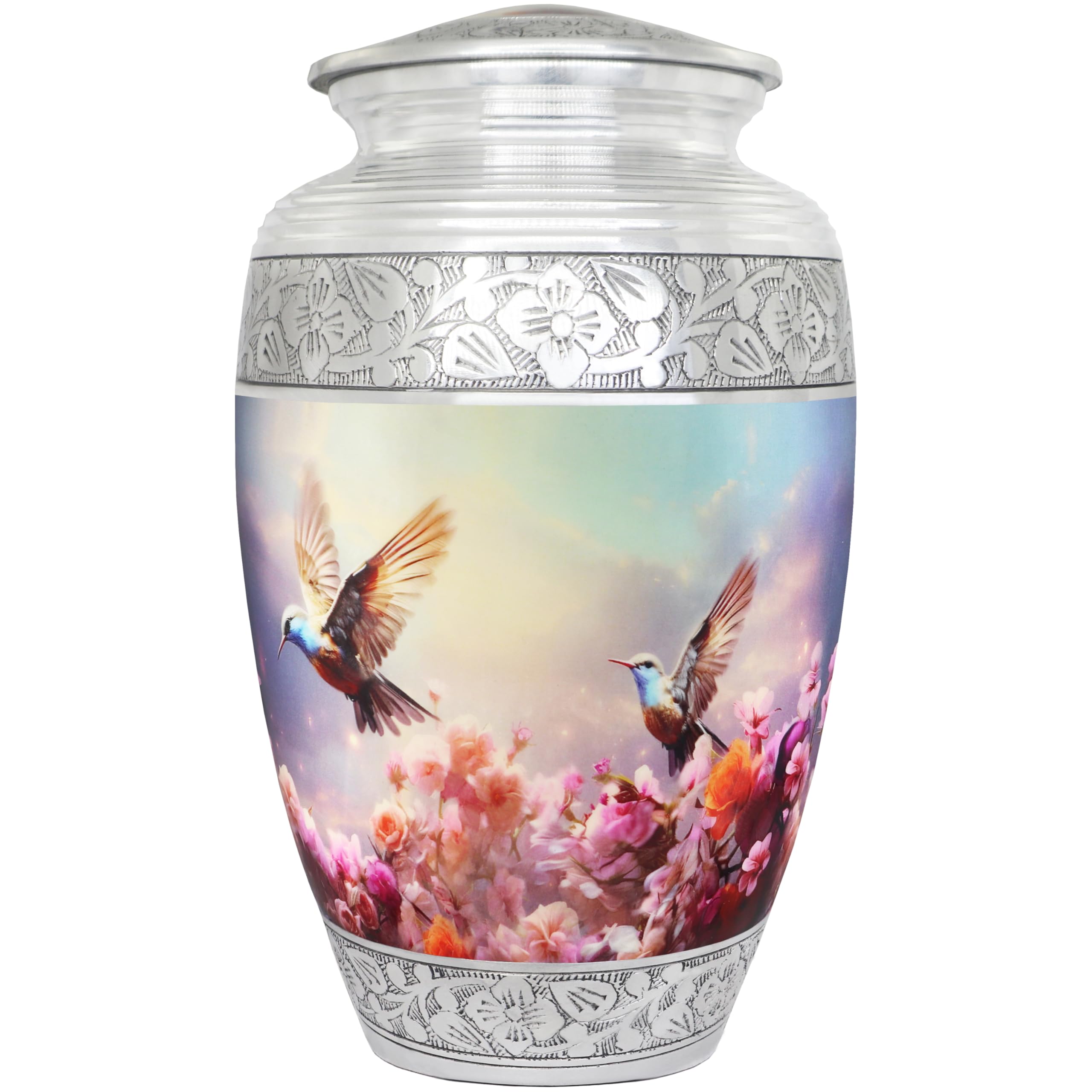 Photo 1 of NANIURN Urn for Ashes for Women or Men, Cremation Urns for Human Ashes Adult Female and Male, Funeral Decorative, Burial, Flying Hummingbird Urn, Pink Flower and Sky Bird - Large Full Size