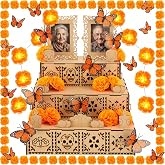 Colingmill 34 Pcs Dia De Los Muertos Decorations, Day of the Dead Altar Kit | Dia De Los Muertos Altar Ofrenda, 3-tier Wooden Shadow Box, Marigold Garland with Light, Butterfly for Mexican Picture Frame