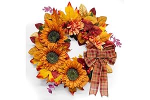 RJZZ Fall Wreath 20" Fall Decorations Indoor Fall Porch Decor Artificial Autumn Wreath Fall Decor with Sunflowers, Dahlias, Berries, Bow, Thanksgiving Wreath Halloween Wreath for Front Door, Wall, Porch