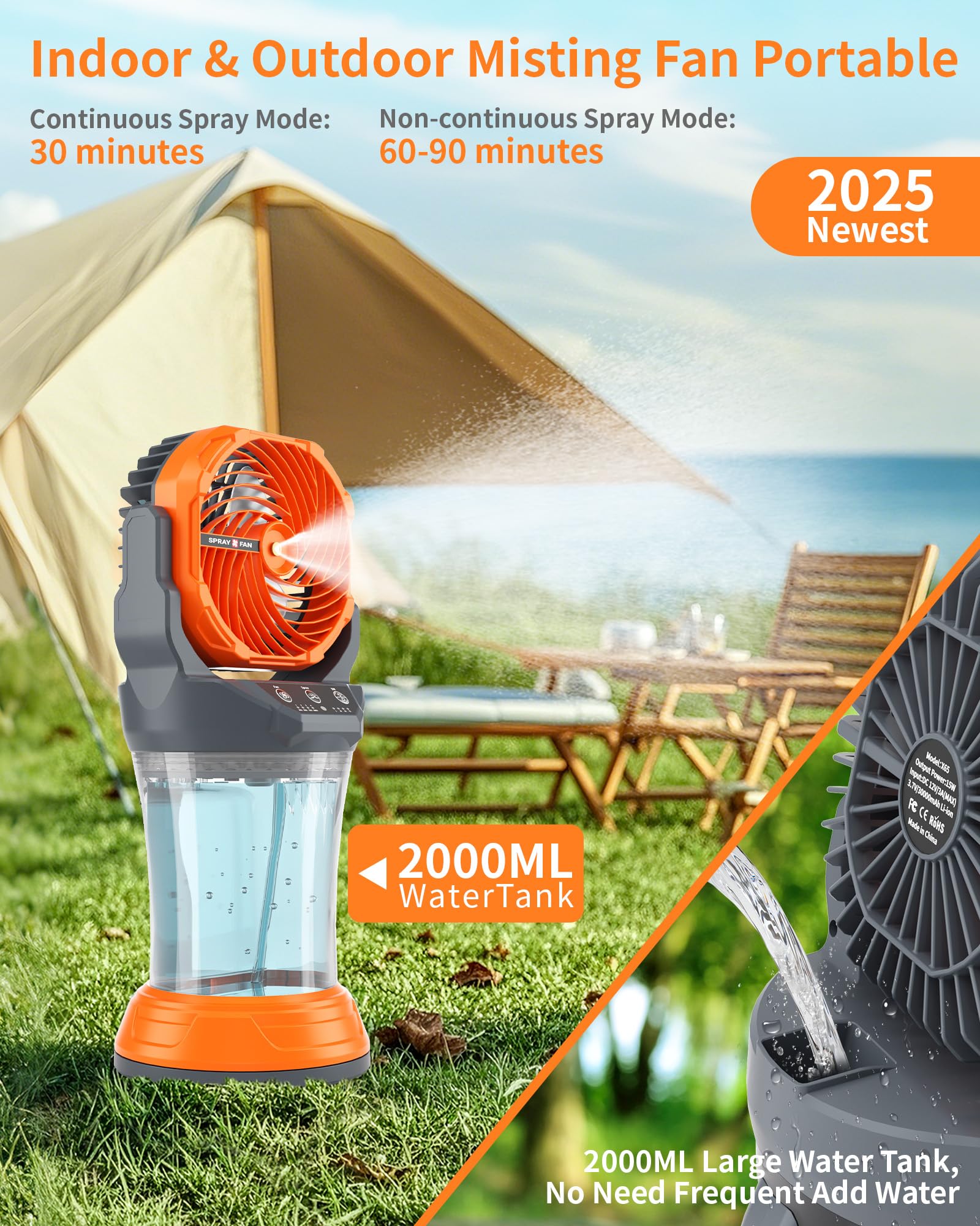 30000mAh Misting Fan Portable Battery Powered Fan with 2L Water Tank,Portable Mist Cooling Fans for Outdoor Camping Tent Beach Travel-120°Auto Oscillating,4 Wind Speeds & Spray Modes,RGB Light
