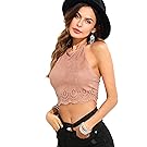 Romwe Women's Summer Halter Scallop Hollow Hem Tank Camis Crop Top Vest